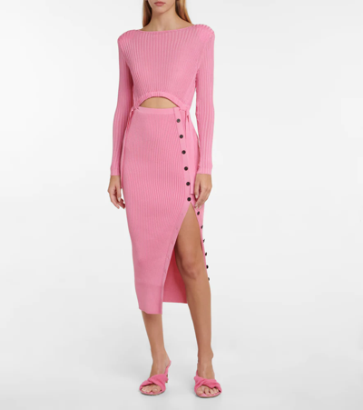 Shop Self-portrait Ribbed-knit Midi Dress In Pop Pink