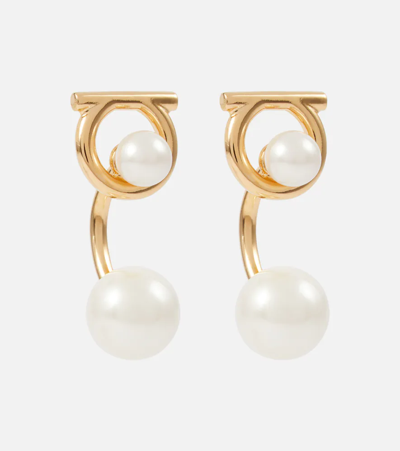 Shop Ferragamo Gancio Drop Earrings With Faux Pearls In Oro Giove + Perle