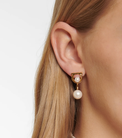 Shop Ferragamo Gancio Drop Earrings With Faux Pearls In Oro Giove + Perle