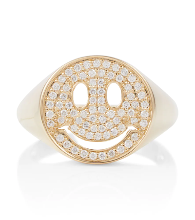 Shop Sydney Evan Happy Face 14kt Yellow Gold Signet Ring With Diamonds In Yg/ Diamond