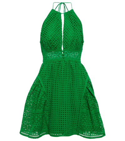 Shop Self-portrait Halterneck Lace Cotton Minidress In Bright Green