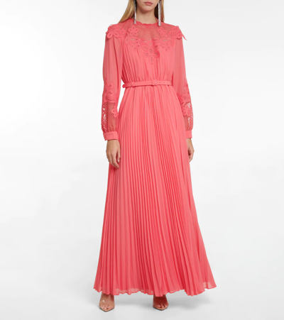 Shop Self-portrait Guipure Lace-paneled Chiffon Gown In Pop Pink