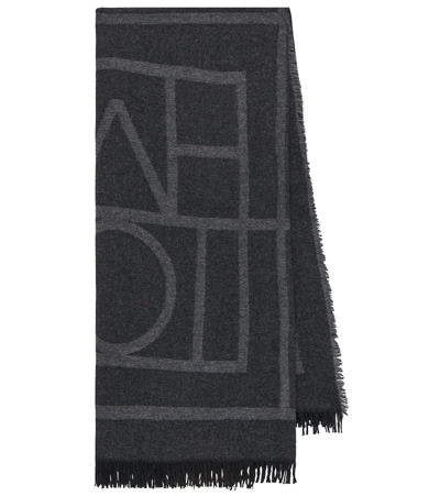 Shop Totême Logo Wool And Cashmere Scarf In Dark Grey Monogram