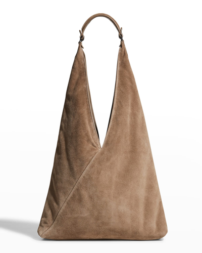 Shop Brunello Cucinelli Monili Padded Suede Hobo Bag In C5859 Beige Grey