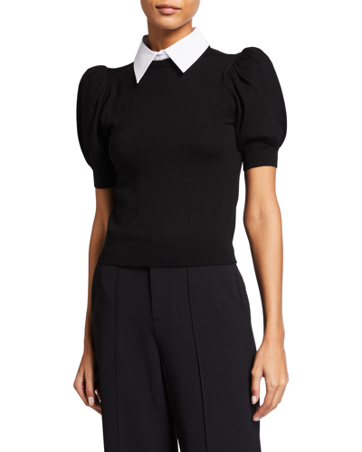 Shop Alice And Olivia Chase Puff-sleeve Sweater W/ Detachable Collar In Black/white