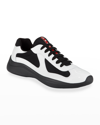 Shop Prada Men's America's Cup Patent Leather Patchwork Sneakers In White