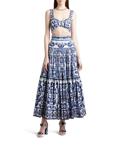 Shop Dolce & Gabbana Tile-print Tiered Poplin Maxi Skirt In Naturalwhi