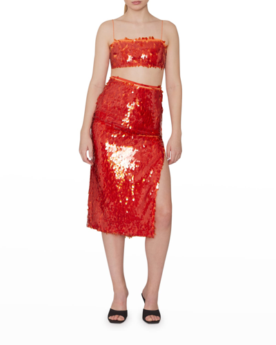Shop Rotate Birger Christensen Caitlin Sequined Side Slit Midi Skirt In Mandarin Red