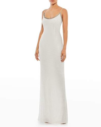 Shop Mac Duggal Beaded Rhinestone-embellished Column Gown In White