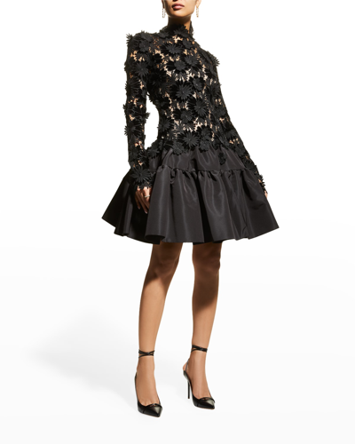 Shop Oscar De La Renta Floral Velvet Lace Fit-&-flare Open-back Mini Dress In Black