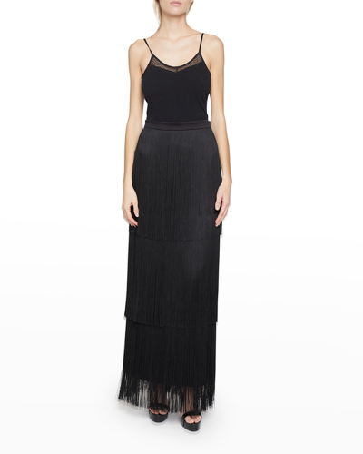 Shop Andrew Gn Tiered Fringe Maxi Skirt In Black