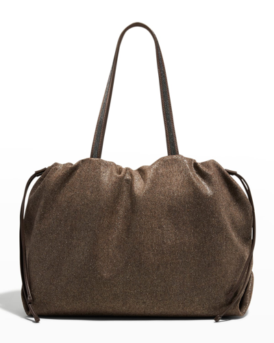Shop Brunello Cucinelli Large Monili Drawstring Wool Tote Bag In C3816 Warm Gold