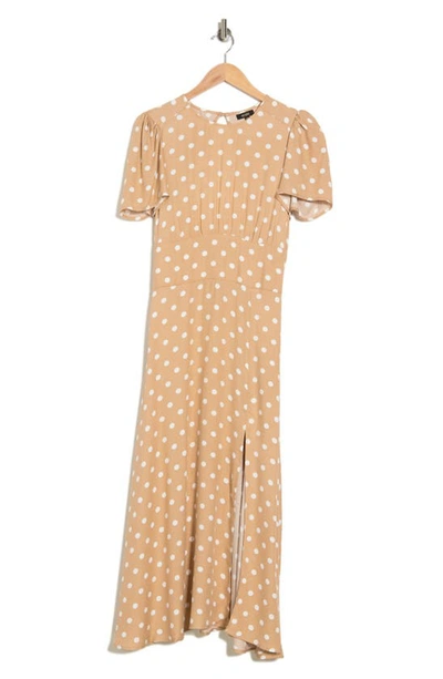 Shop Afrm Jamie Print Open Back Short Sleeve Dress In Sand Polka Dot