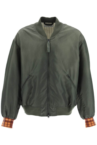 Shop Acne Studios Satin Oversized Bomber Jacket In Green