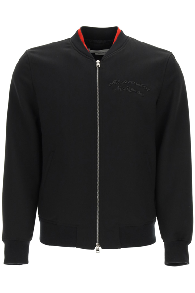 Shop Alexander Mcqueen Bomber Jacket With Logo Embroidery In Black