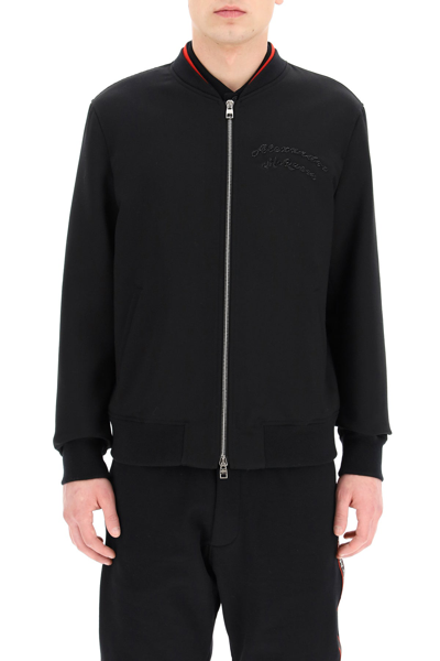 Shop Alexander Mcqueen Bomber Jacket With Logo Embroidery In Black