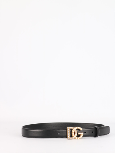Dolce & Gabbana Leather Belt With Rhinestones And Pearls Logo In Black |  ModeSens