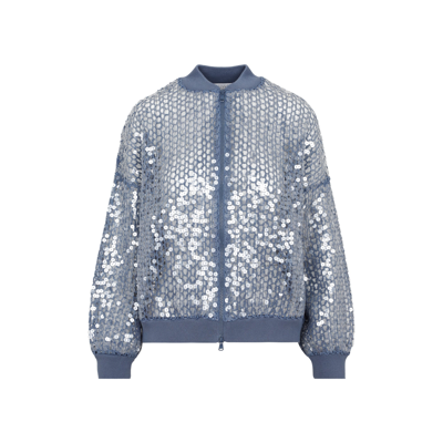 Shop Brunello Cucinelli Sequinned Bomber Jacket Sweater In Blue