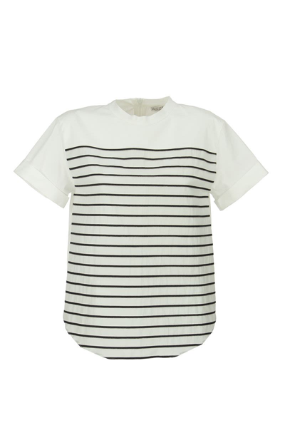 Shop Brunello Cucinelli Stretch Cotton Poplin T-shirt With Shiny Stripes In White