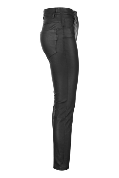 Shop Brunello Cucinelli Stretch Nappa Leather Slim Trousers With Shiny Tab In Black