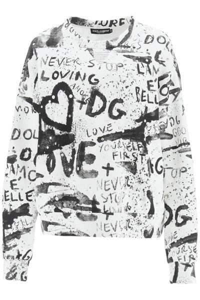 Shop Dolce & Gabbana Dg Graffiti Sweatshirt With Studs And Pearls In Mixed Colours