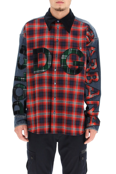 Shop Dolce & Gabbana Oversized Denim And Flannel Shirt With Logo In Mixed Colours