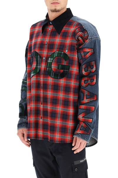 Shop Dolce & Gabbana Oversized Denim And Flannel Shirt With Logo In Mixed Colours