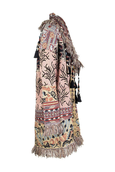 Shop Etro Jacquard Knitted Coat With Fringe In Multicolor