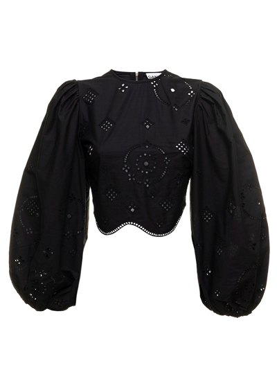 Shop Ganni Woman's Broderie Anglaise Openwork Organic Cotton Black  Blouse