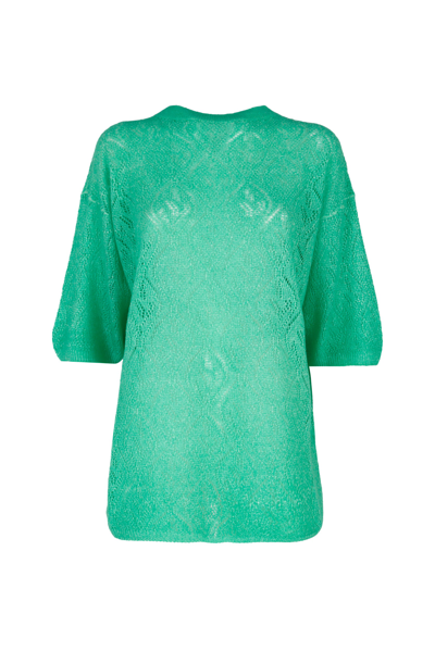 Shop Malo Round Neck Openwork Sweater In Green