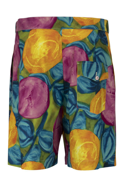 Marni Low Waist Cotton Bermuda Pants With Flower Allover Print In Multicolor