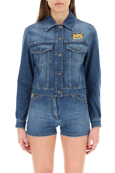 Shop Moschino Teddy Bear Denim Jacket In Blue