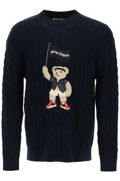 Shop Palm Angels Pirate Bear Embroidered Sweater In Blue