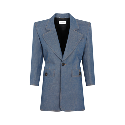 Shop Saint Laurent Cotton Blazer Dress In Blue