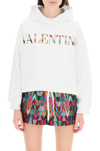 Shop Valentino Cropped Hoodie With Sequined Logo In White