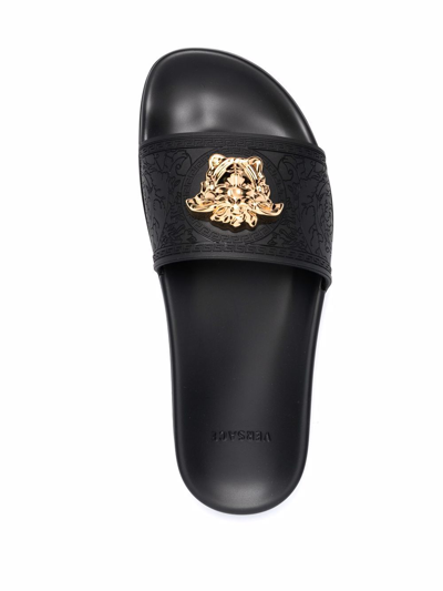 Shop Versace Logo Slippers Shoes In Black