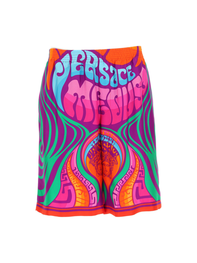 Shop Versace Shorts In Arancione+multicolor