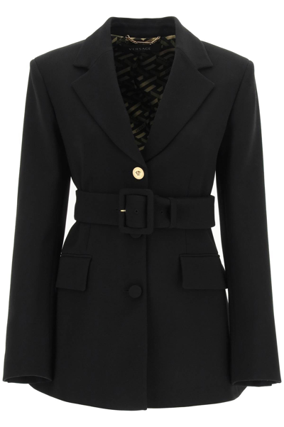 Shop Versace Single-breasted Jacket In Natté Wool In Black