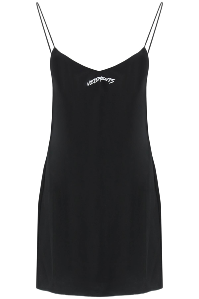 Vetements Logo-print Spaghetti-strap Dress In Black