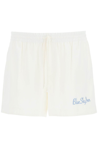 Shop Blue Sky Inn Linen Shorts With Logo Embroidery In White