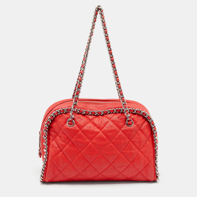 Pre-owned Chanel Red Quilted Leather Chain Around Bowler Bag