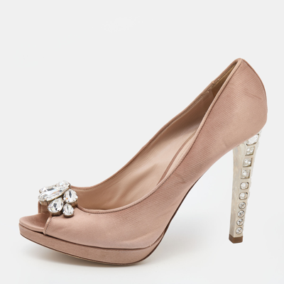 Pre-owned Miu Miu Beige Satin Crystal Embellished Peep Toe Platform Pumps Size 41