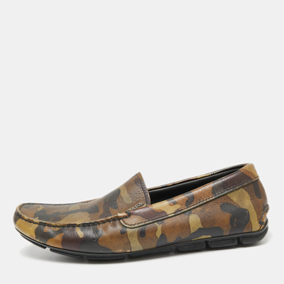 Pre-owned Prada Green Camo Print Leather Slip On Loafers Size 39.5