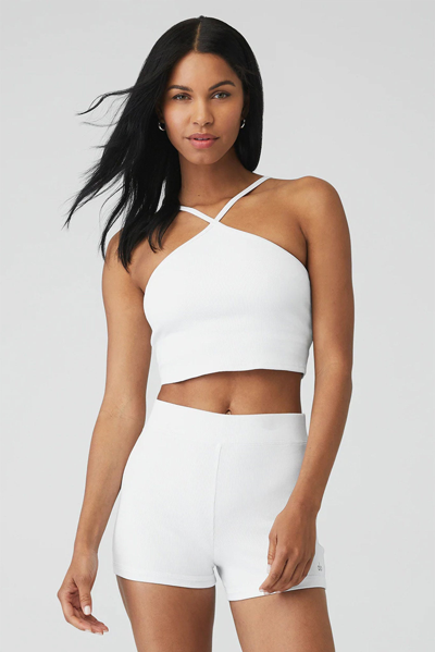 Shop Alo Yoga Goddess Ribbed Cross Crop Top In White