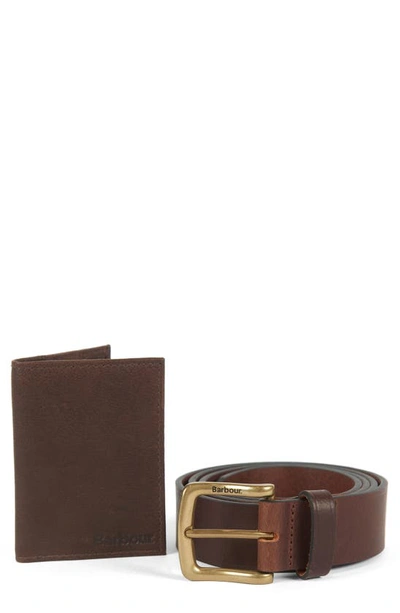 Shop Barbour Haydon Leather Wallet & Belt Gift Set In Dk Brown