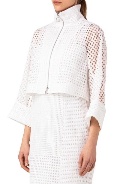 Shop Akris Mimi Patchwork Grid Eyelet Crop Jacket In White