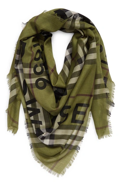 Horseferry Giant Check Fringe Trim Wool Silk Scarf In Olive Green |