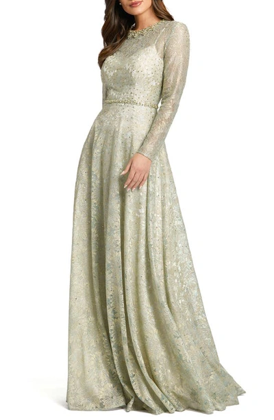 Shop Mac Duggal Long Sleeve Floral Sequin Lace A-line Gown In Sage