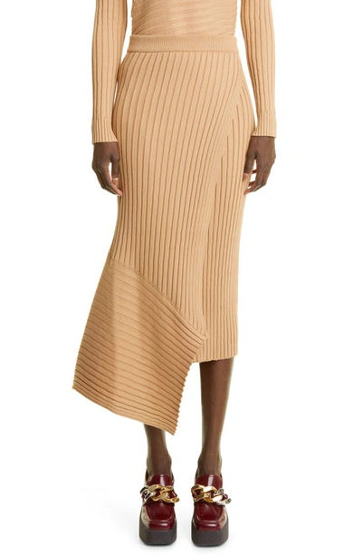 Shop Stella Mccartney Ribbed Asymmetric Hem Cotton Midi Skirt In 9801 Light Camel