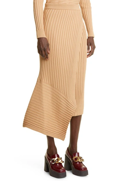Shop Stella Mccartney Ribbed Asymmetric Hem Cotton Midi Skirt In 9801 Light Camel